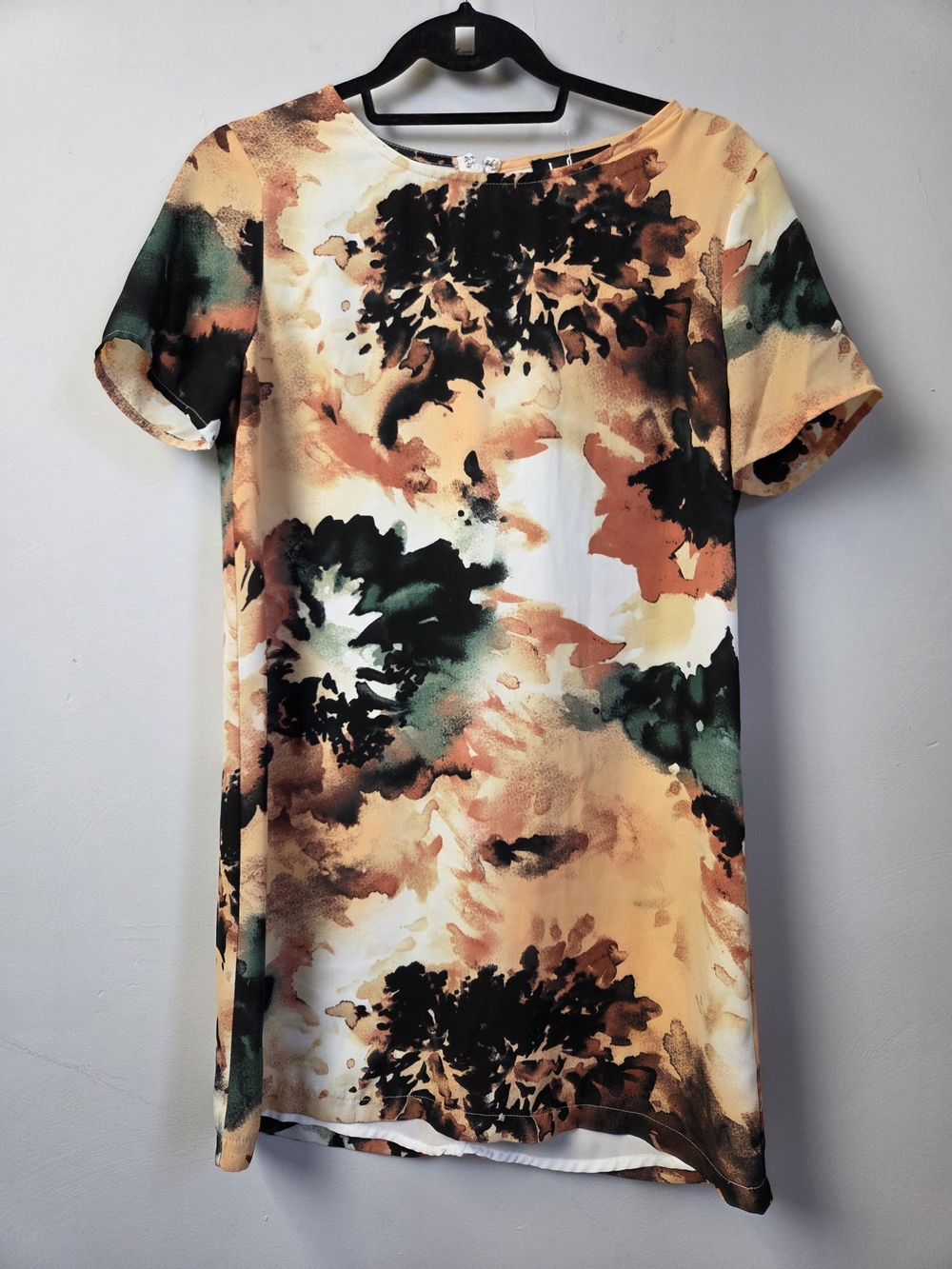 Lulu's Abstract Floral Shift Dress — Beige, Black, Green, Rust